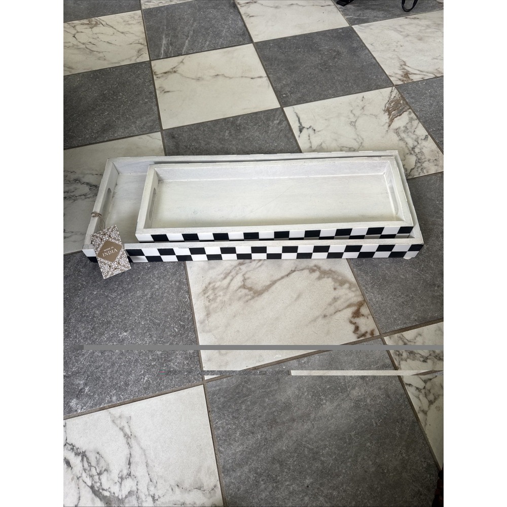 Checkered Black & White Enamel Inlay Wood Table Scape Trays Set of 2 19" 24"